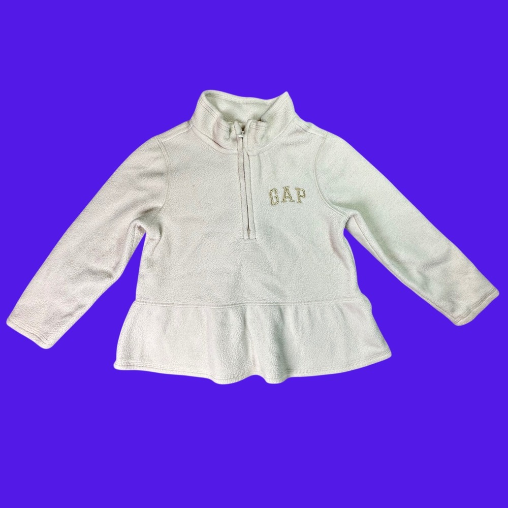 Gap Kids Girls Fleece Quarter Zip Peplum Pullover Sweater Cream 4T Gold Logo